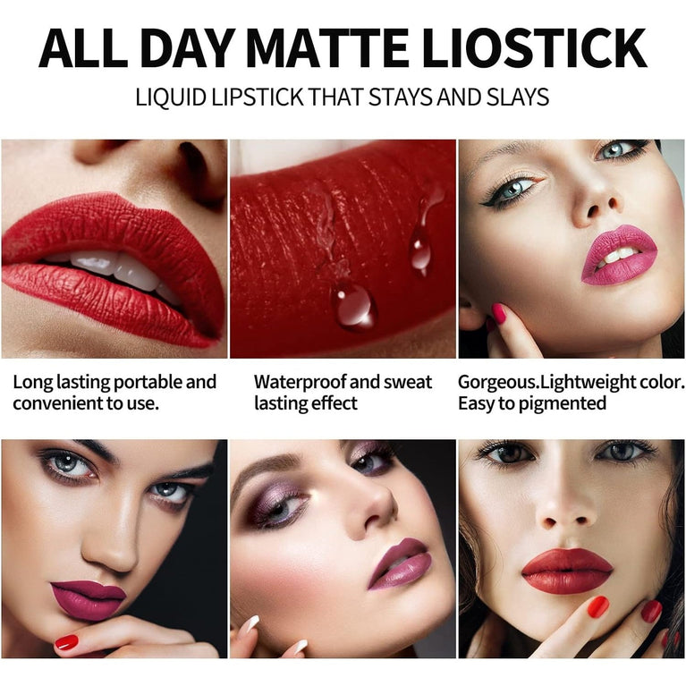 Vibrant 6-Piece Waterproof Matte Liquid Lipstick Set – Long-lasting, Non-Stick, Comfort-wear Makeup Kit for Women and Girls (A)