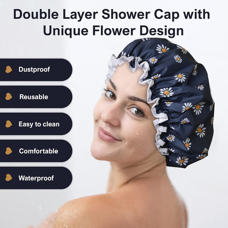 Floral Patterned Reusable Waterproof Shower Cap for Women - Ideal for Long, Short, and Curly Hair