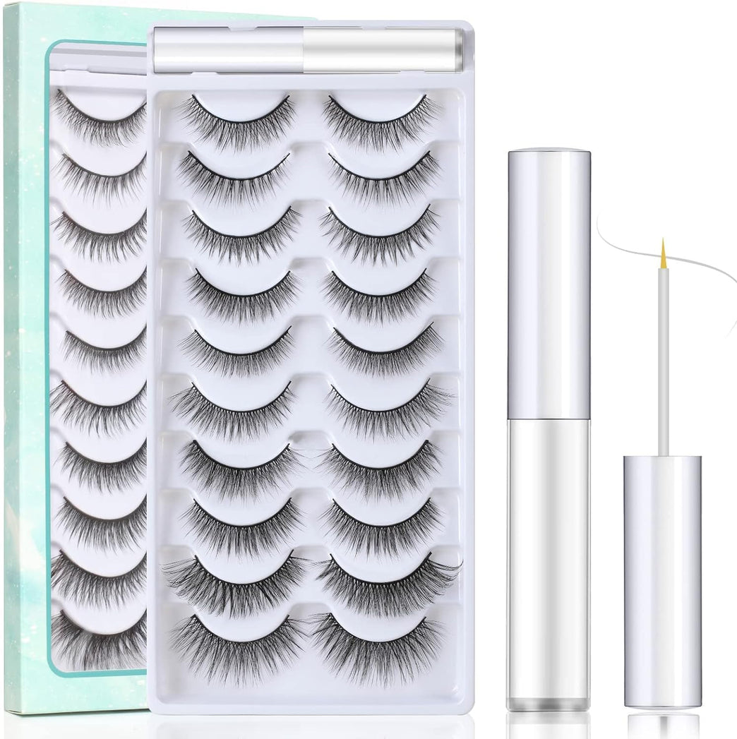 SISILILY Handmade 3D Eyelashes Set with Glue - 10 Pairs of Reusable Black Strip False Lashes for Various Occasions