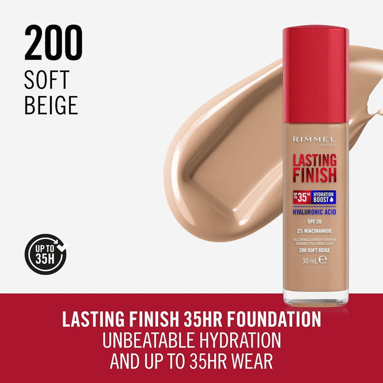 Rimmel 35-Hour Hydrating Foundation with SPF20 - Soft Beige 200 for Full Coverage and Long-Lasting Wear