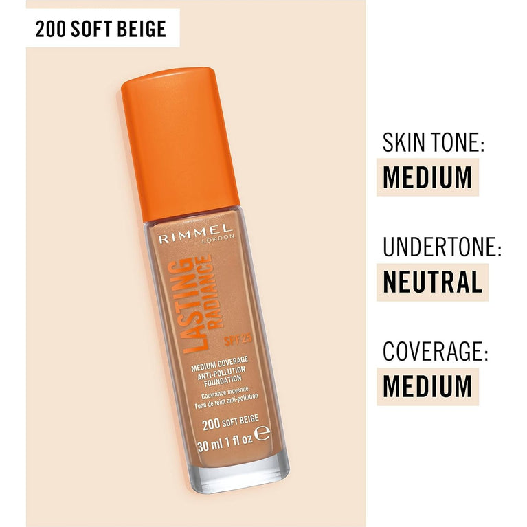 Rimmel Lasting Radiance Foundation in Soft Beige - Medium Coverage with SPF 25 and Anti-Pollution Properties, 30ml
