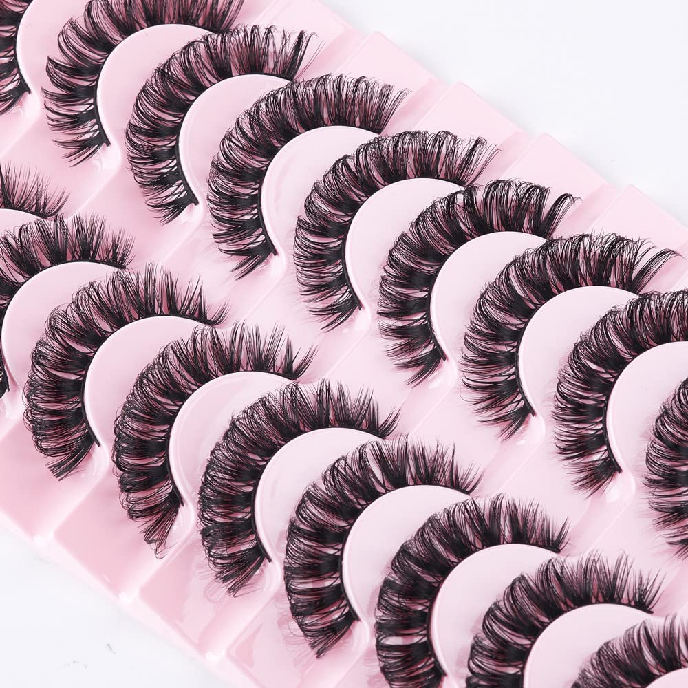 10 Pairs of D-Curly Russian Faux Mink Strip Eyelashes - Natural, Fluffy, Wispy, and Reusable Short Thick Lashes for Every Occasion