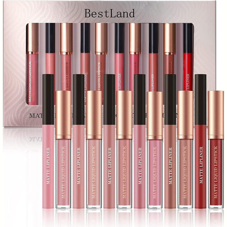 24-Hour Stay Matte Liquid Lipstick & Lipliner Set - Waterproof, Non-Fading, High Coverage Lip Color with Cosmetic Bag - Cruelty-Free Makeup Gift Set for Women, 12 Pcs (Set C)