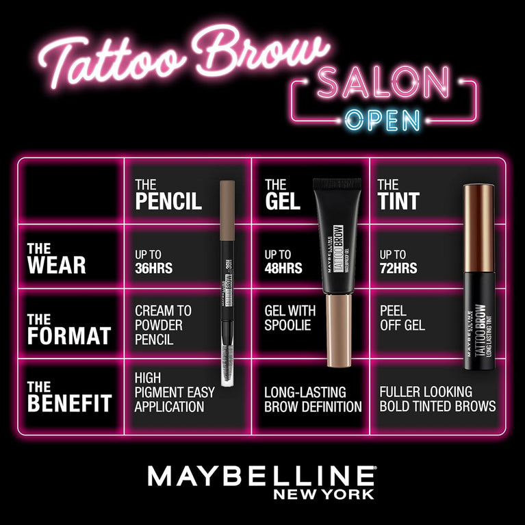 Maybelline 36HR Tattoo Brow Semi-Permanent Filler Pencil for Fuller Eyebrows, Waterproof and Long Lasting, Soft Brown 03, Pack of 1