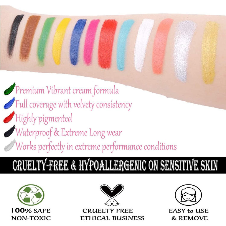 CCbeauty 12-Color Professional Oil-Based Face Paint Kit with 6 Wooden Brushes for Halloween and Themed Parties