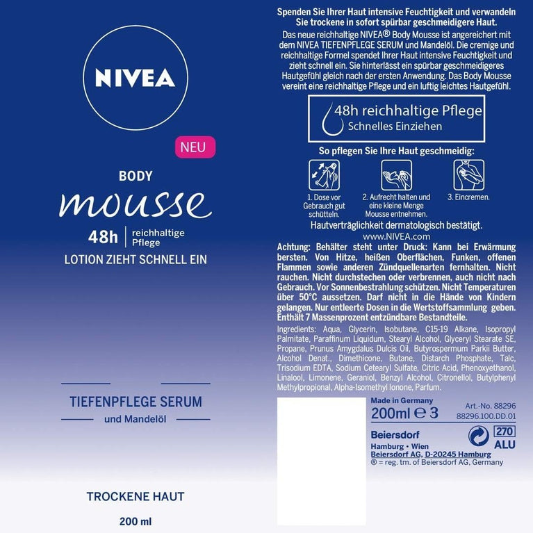 Nivea Almond Oil Body Mousse for Dry Skin, 200 ml Dispenser
