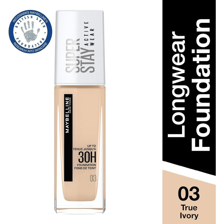 Maybelline New York 30 Hour Superstay Liquid Foundation in True Ivory - 30ml, Long-Lasting, Oil-Free and Dermatologist Tested
