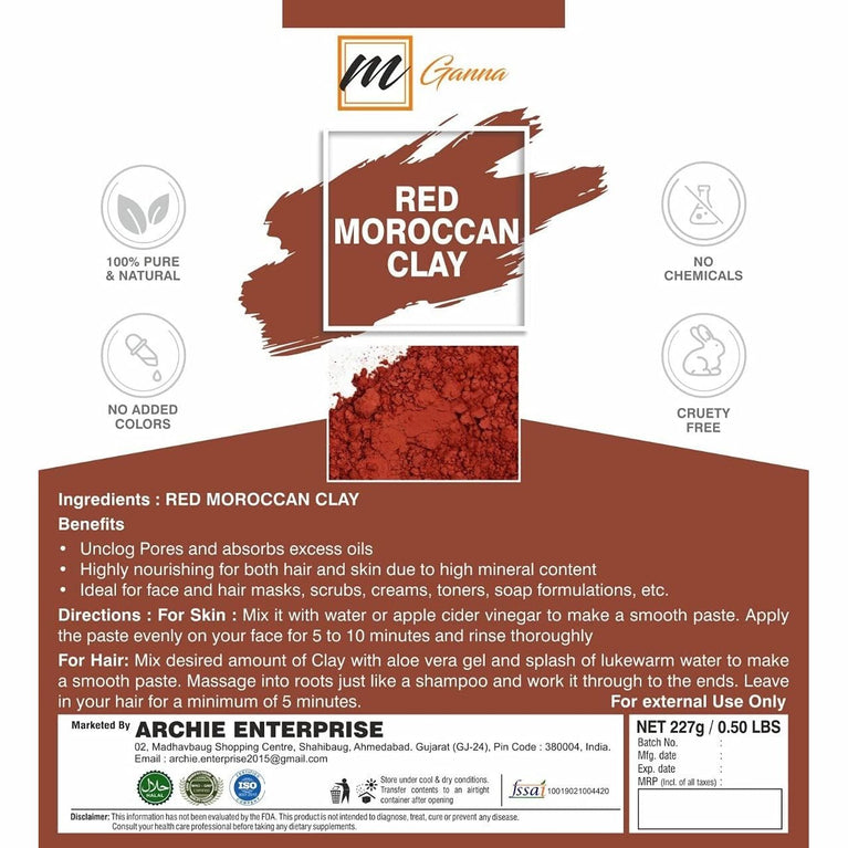 mGanna 100% Natural Moroccan Red Clay Powder for Skin and Hair Care - 0.5 LBS / 227 GMS