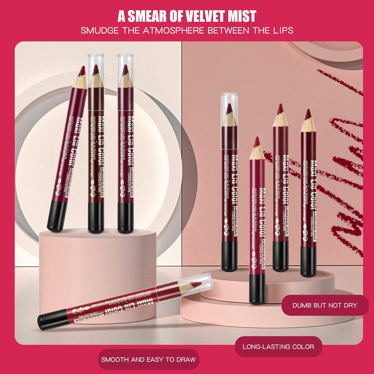 Beteligir Vibrant 8-Color Matte Lip Liner Set with Sharpener, Long-Lasting and Waterproof Lip Crayon, Non-Drying and Easy to Apply, Cruelty-Free (01)