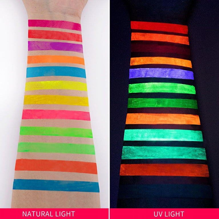 12-Pack UV Reactive Neon Face and Body Paint Crayons with Stencils and Brushes for Glow Parties, Halloween, and Discos