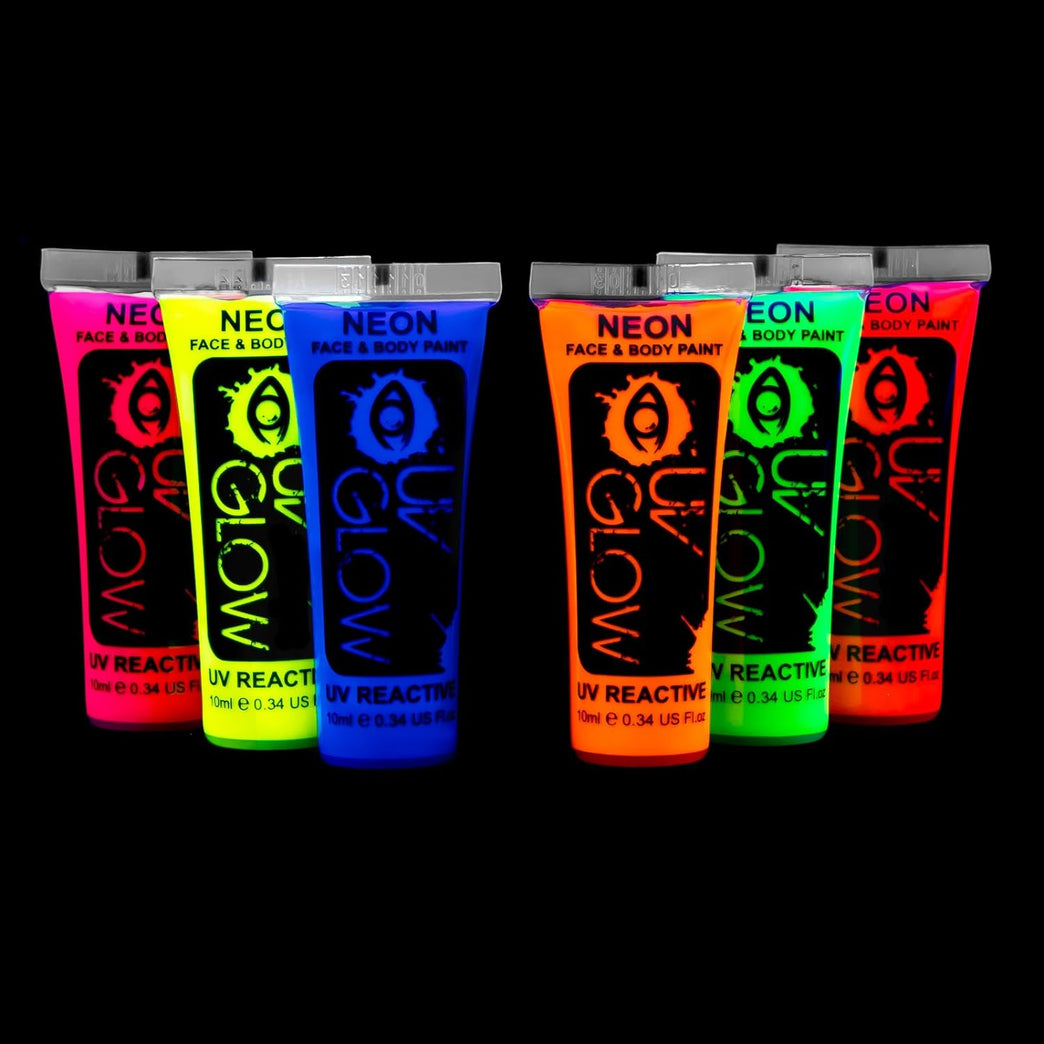 6-Pack Ultra-Bright UV Reactive Neon Face and Body Paint Set - Perfect for Parties, Festivals, and Glow Runs!