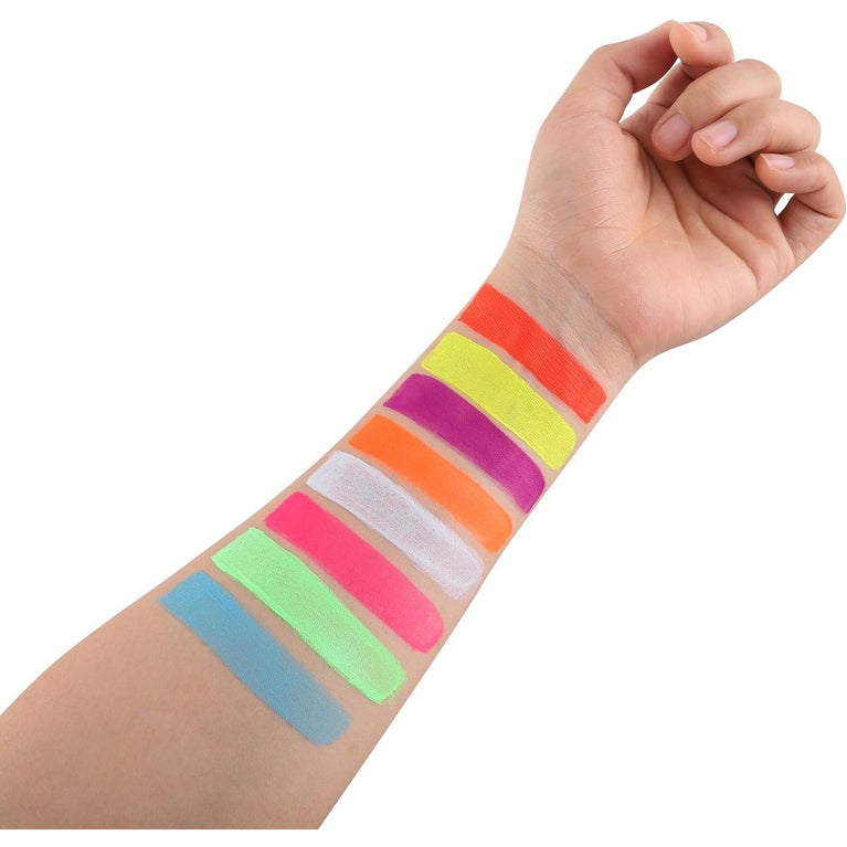 CCbeauty Professional UV Neon Body and Face Paint Set - 8 Vibrant Colors with 10 Brushes, Non-Toxic, Easy to Remove, Glows in the Dark under Black Light, Ideal for Halloween and Festivals