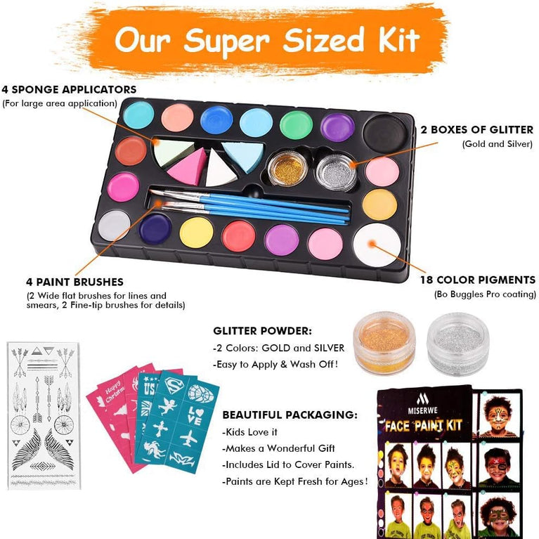 Miserwe 18-Color Professional Face Painting Set for Kids & Adults - Safe & Non-Toxic Body Paint for Halloween, Cosplay, and Party Makeup with Brushes, Stencils & Glitter Accessories
