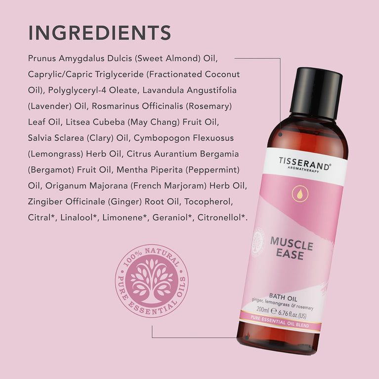 Tisserand Aromatherapy - Muscle Ease Bath Oil with Ginger, Lemongrass, and Rosemary - 100% Pure Essential Oil Blend - 200ml