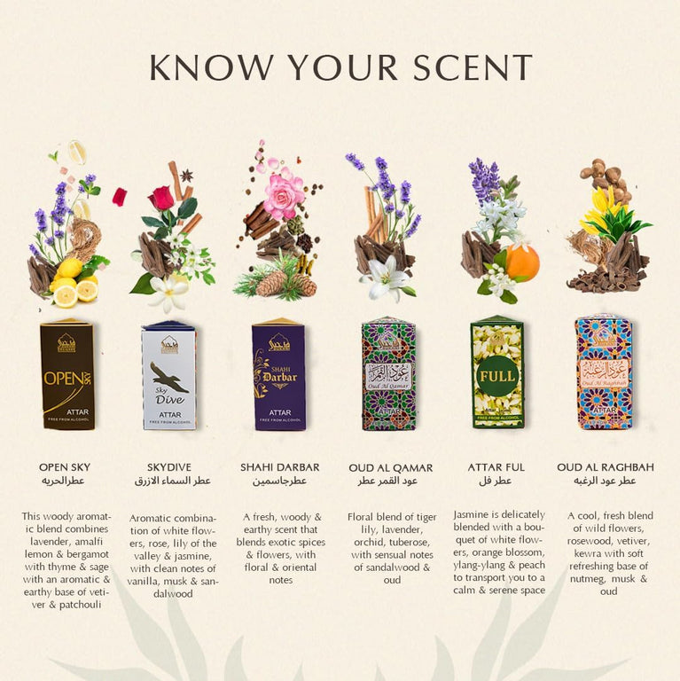 Assorted Arabian Attar Oil Sampler Set by Dukhni | 6 Unique Scents x 6ml Bottles | Men and Women's Perfume Oils | Halal & Vegan Islamic Fragrances