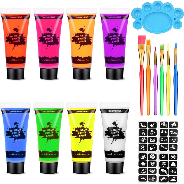 AOOWU 8-Color UV Reactive Face and Body Neon Paint Set with Palette and Brushes, Safe and Easy-to-Clean Glow-in-the-Dark Makeup Kit for Parties, Festivals and Halloween Events