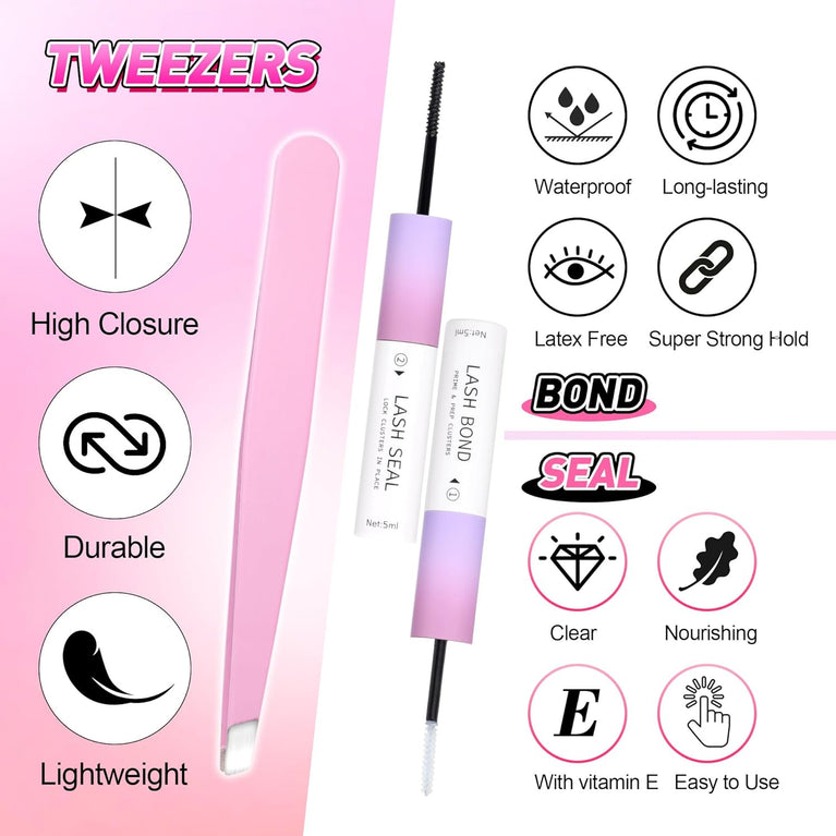 Wiwoseo Home Eyelash Extension Kit with Natural Russian Cluster Lashes, Bond & Seal Glue, and Tweezer – DIY Individual Lash Kit for Easy Self-Application (50pc 9-16MM)