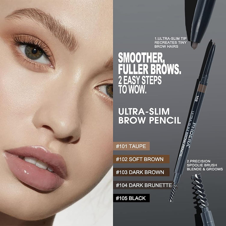 PHOERA Precision Eyebrow Pencil with Dual-End Brush - Long Lasting, Ultra-Slim Brow Pen for Natural Look (104#Dark Brunette)