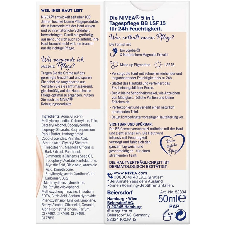 NIVEA 5-in-1 BB Day Cream with 24-Hour Hydration and SPF 15 Protection