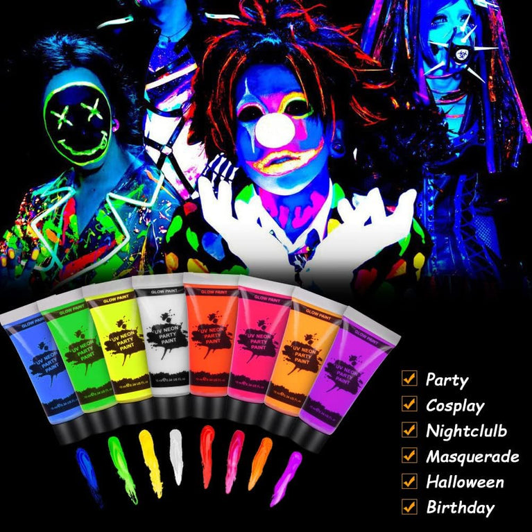 AOOWU 8-Color UV Reactive Face and Body Neon Paint Set with Palette and Brushes, Safe and Easy-to-Clean Glow-in-the-Dark Makeup Kit for Parties, Festivals and Halloween Events