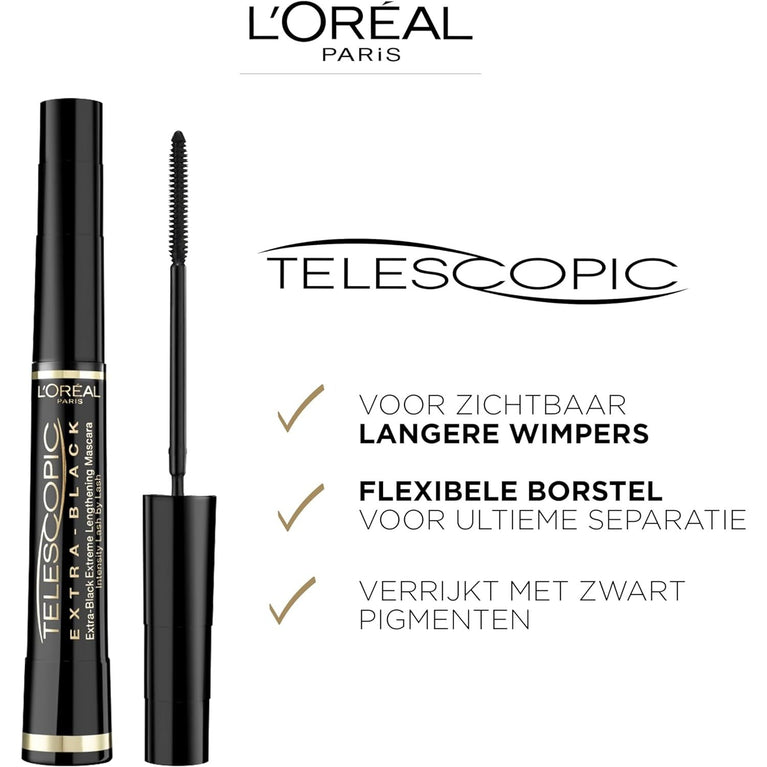 L'Oreal Paris Carbon Black Telescopic Mascara, Elastomer Bristle for Up to 60% Extended Lash Length