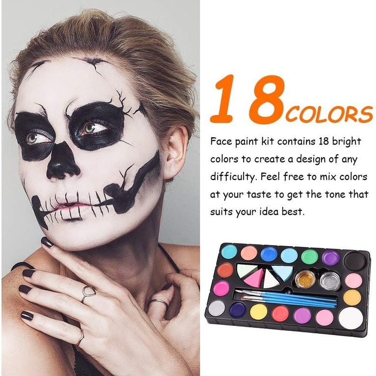 Miserwe 18-Color Professional Face Painting Set for Kids & Adults - Safe & Non-Toxic Body Paint for Halloween, Cosplay, and Party Makeup with Brushes, Stencils & Glitter Accessories