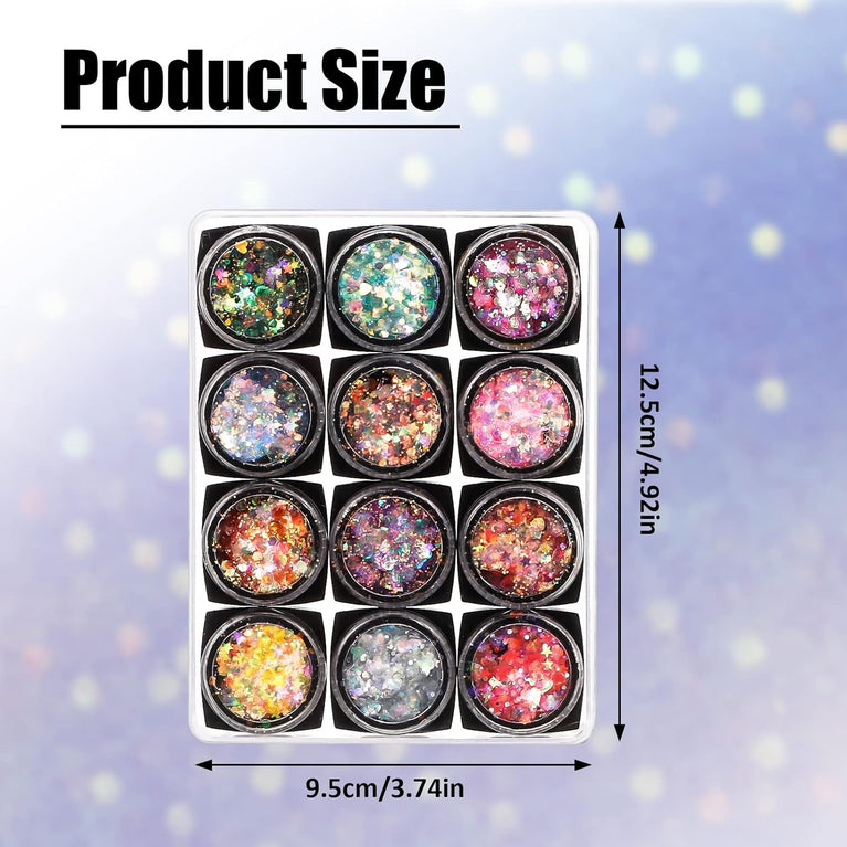 Dacitiery Holographic Festival Cosmetics: 12-Color Face and Body Glitter Gel Set for Hair, Cheeks, Nails - Sparkling Sequins Makeup Collection