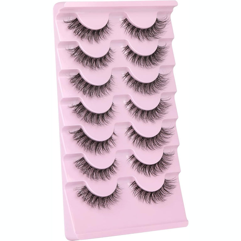 JIMIRE 3D Faux Mink Eyelashes with Transparent Band - Cat Eye Style, 15MM Medium Length, D Curl, 7 Pairs Pack - Natural Look & Fluffy Lashes for High-End Makeup Look