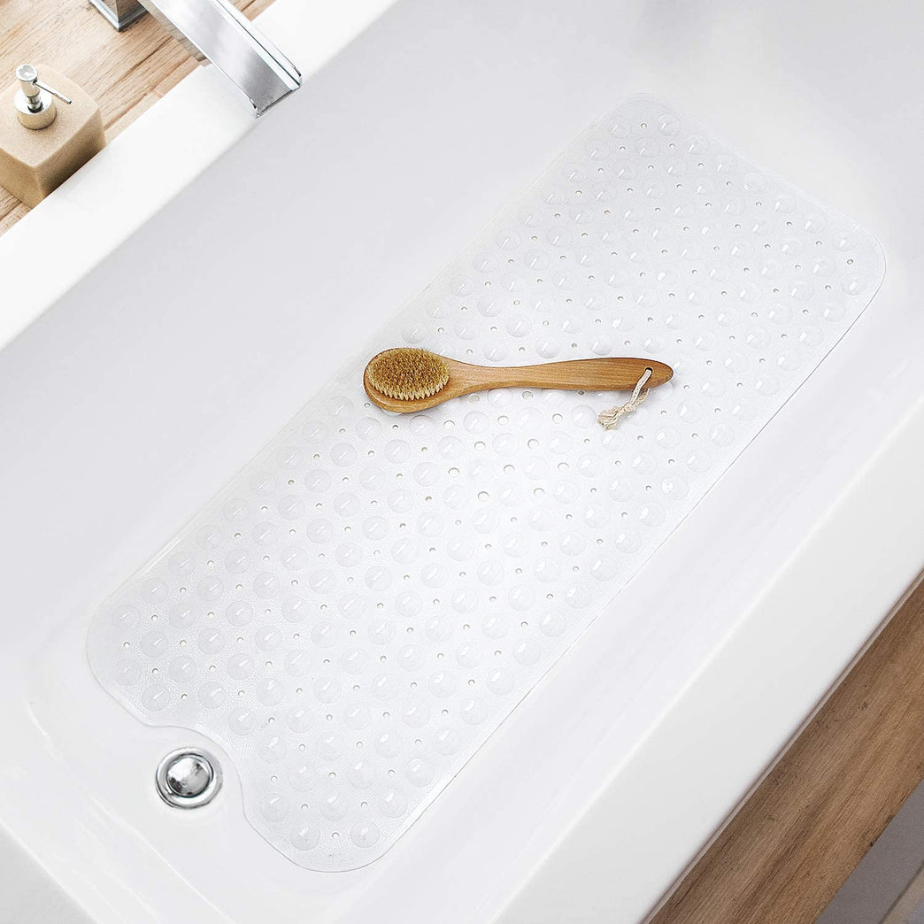 TEESHLY Extra Long Non-Slip Bathtub Mat with Drain Holes and Suction Cups for Shower Tub