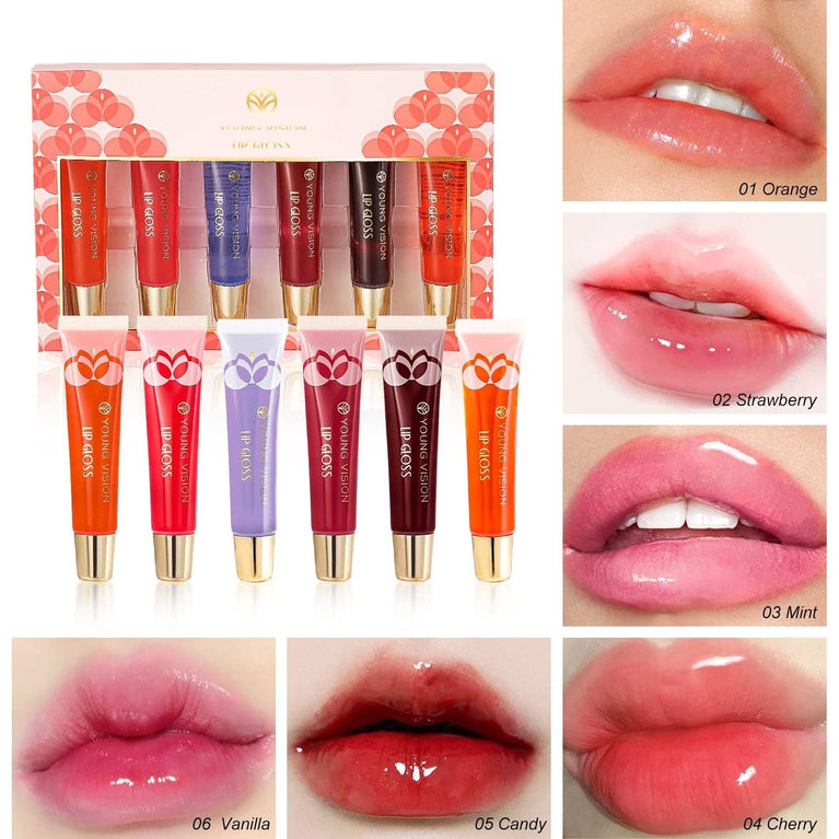 6-Shade Glass Mirror Lip Gloss Kit with Plumping & Hydrating Formula - Assorted Flavors