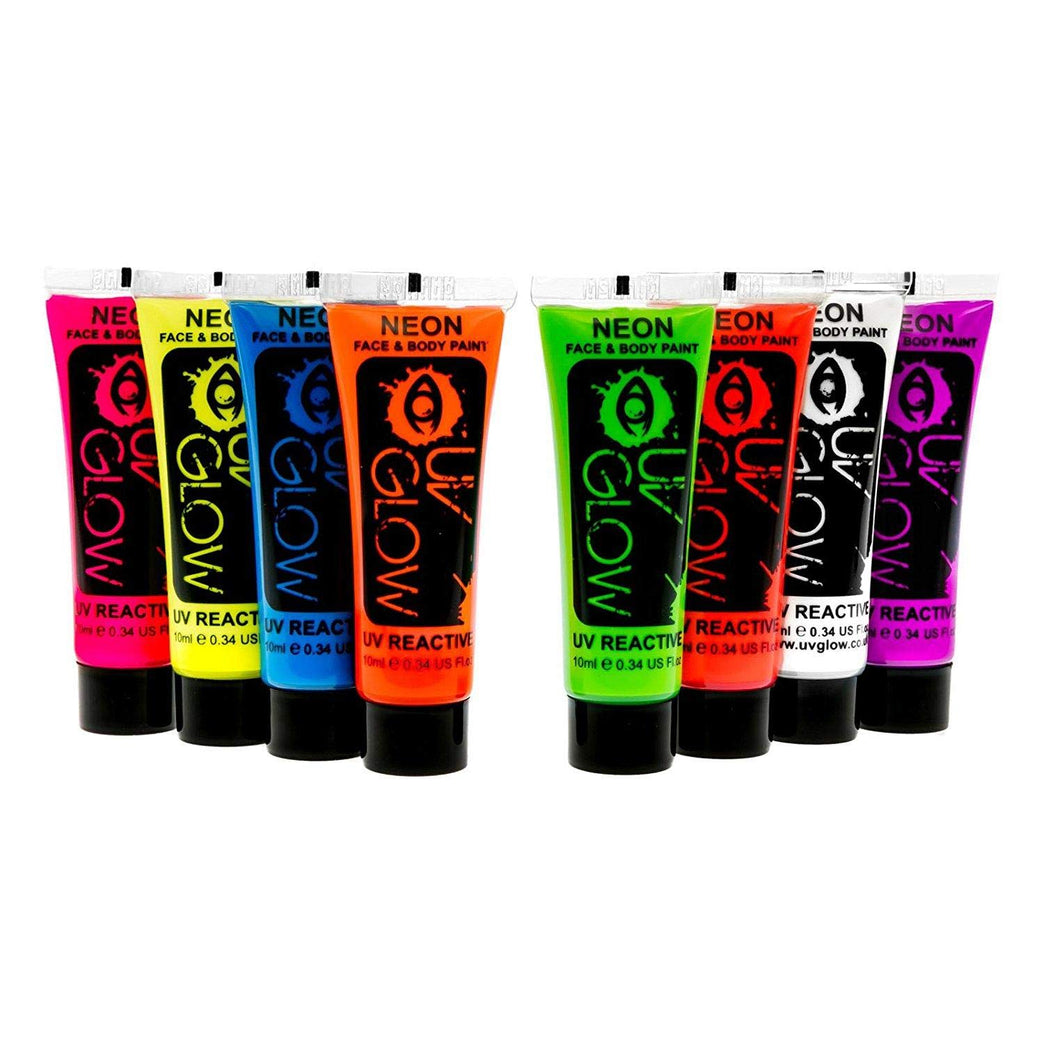 8-Tube Ultimate Glow UV Reactive Neon Face & Body Paint Set - Cosmetically Certified & UK Made