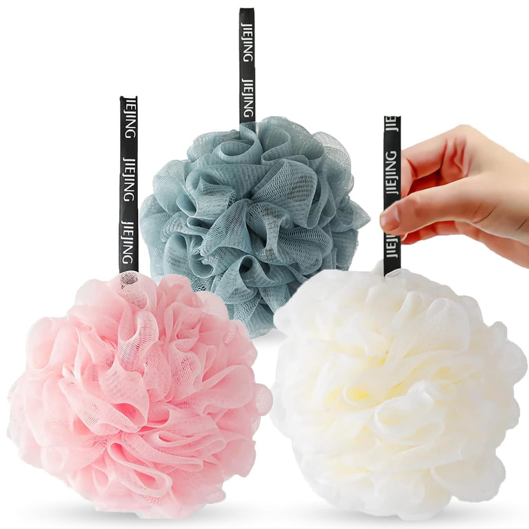 KISUOMAOYI Loofah Shower Puff 3Pcs - Ultra Soft Mesh Bath Sponges for Adults Exfoliating, Scrubbing and Cleaning - Body Scrubbers for Use in Shower