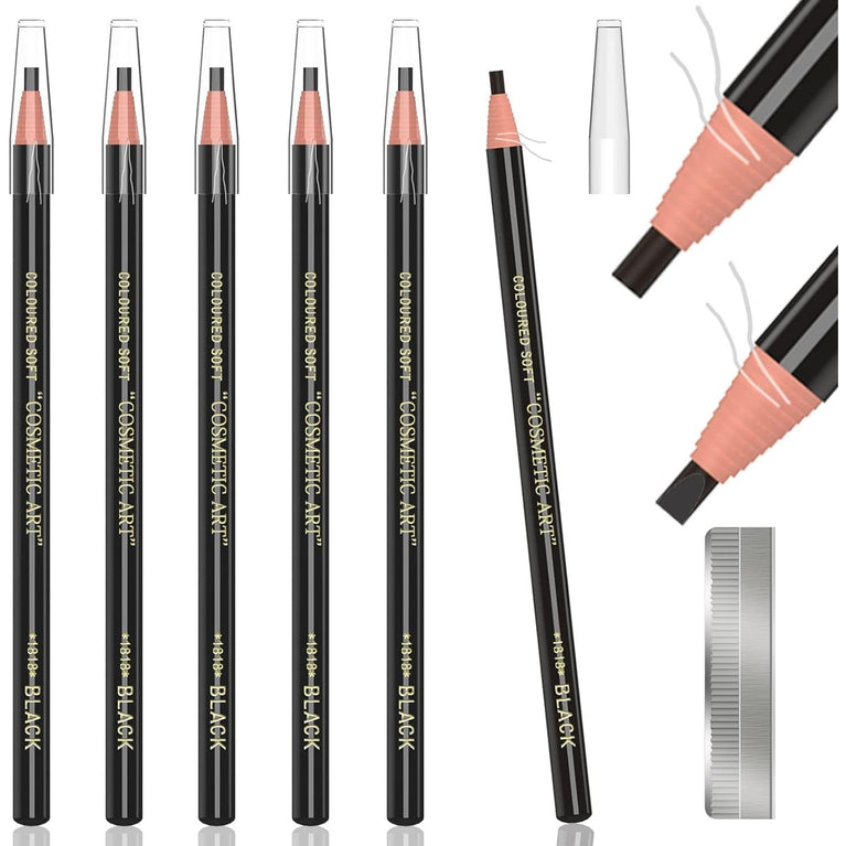 6-Pack Long-Lasting Waterproof Eyebrow Pencil Set with Sharpener - Black Brow Tattoo Makeup and Microblading Kit, Suitable for All Day Wear
