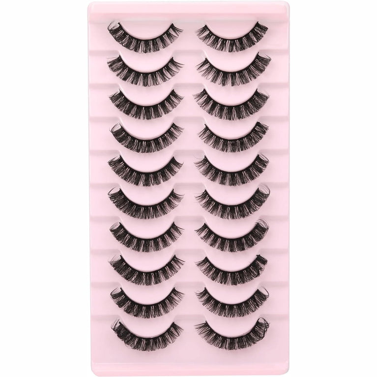 Wiwoseo Russian Strip D-Curly Eyelashes - Natural, Wispy, Fluffy 3D Hybrid Faux Eyelashes, 10 Pair Pack - Mimics Extensions, Handmade with 100% Cruelty-Free Mink, Cotton Band for Comfortable Wear