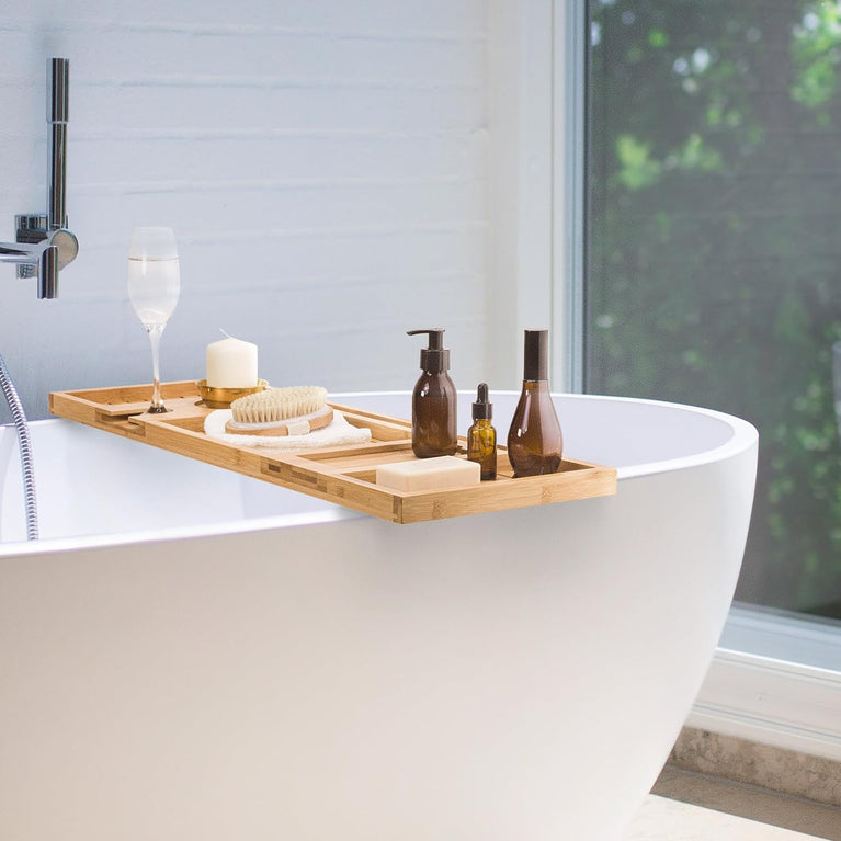 Luxury Bamboo Bath Caddy with Secure Slots for iPad, Kindle, Towel, and Wine Glass Holder