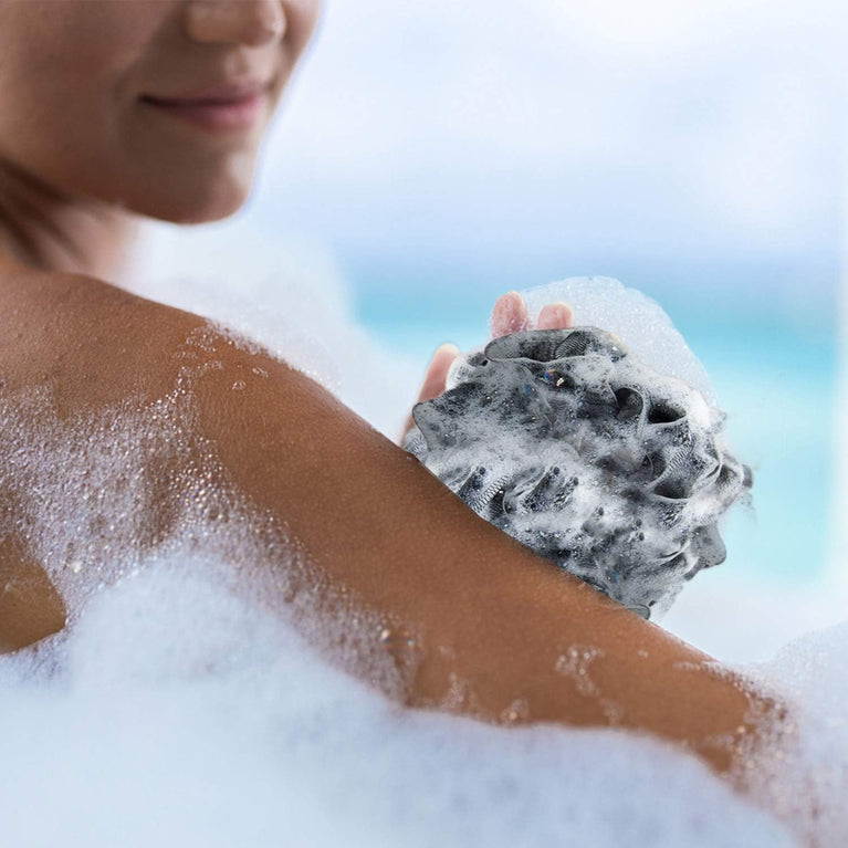 Umitive Charcoal Infused Shower Sponge Bath Poufs, 4-Piece Set of Black Mesh Loofah Body Exfoliating Brushes for Gentle and Effective Skin Cleansing