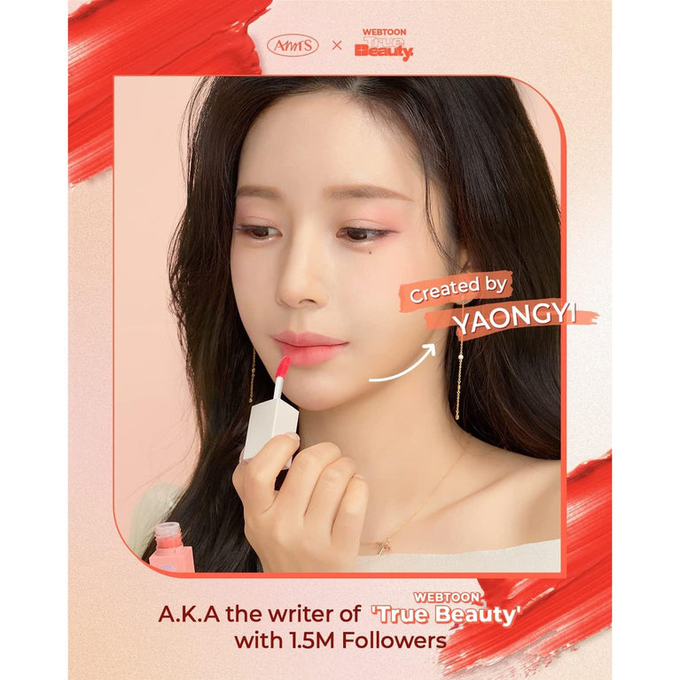 AMTS X True Beauty High-Pigment Lip Tint Stain - Long-Lasting, Non-Sticky Liquid Shine - Cute Coral Makeup Edition Inspired by Korean Webtoon True Beauty - Some Sweet
