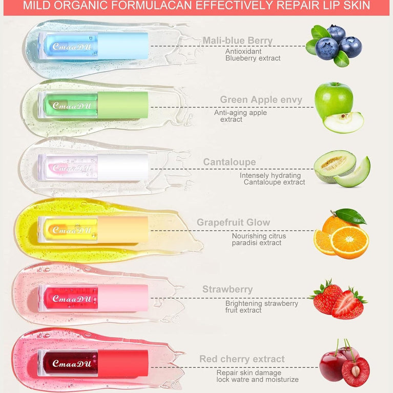 Mrettick 6-Pack Fruit-Infused Lip Glow Oil Set - Moisturizing and Color-Changing Lip Care Kit