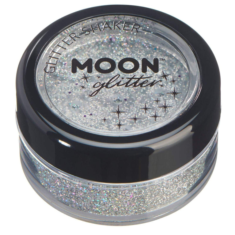 Moon Glitter's Holographic Silver Cosmetic Glitter Shakers – Perfect for Festival & Nightclub Makeup for Face, Body, Nails, Hair, Lips – 5g