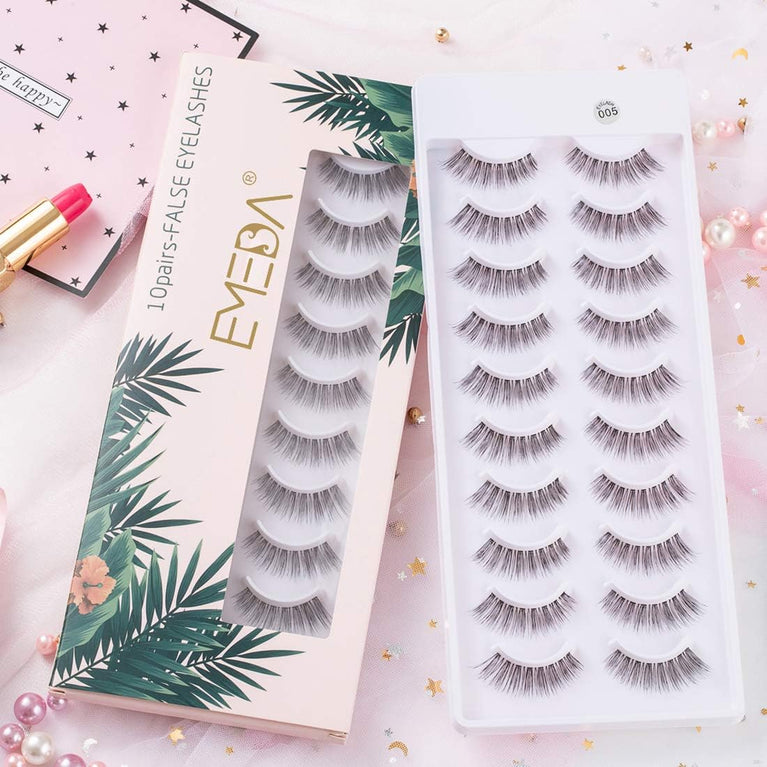 EMEDA 3D Natural False Eyelashes - 10 Pair Pack of Handmade Short Soft Reusable Eye Lashes with Transparent Strip - Ideal for Daily Use, Parties, and Weddings (No Glue Included)