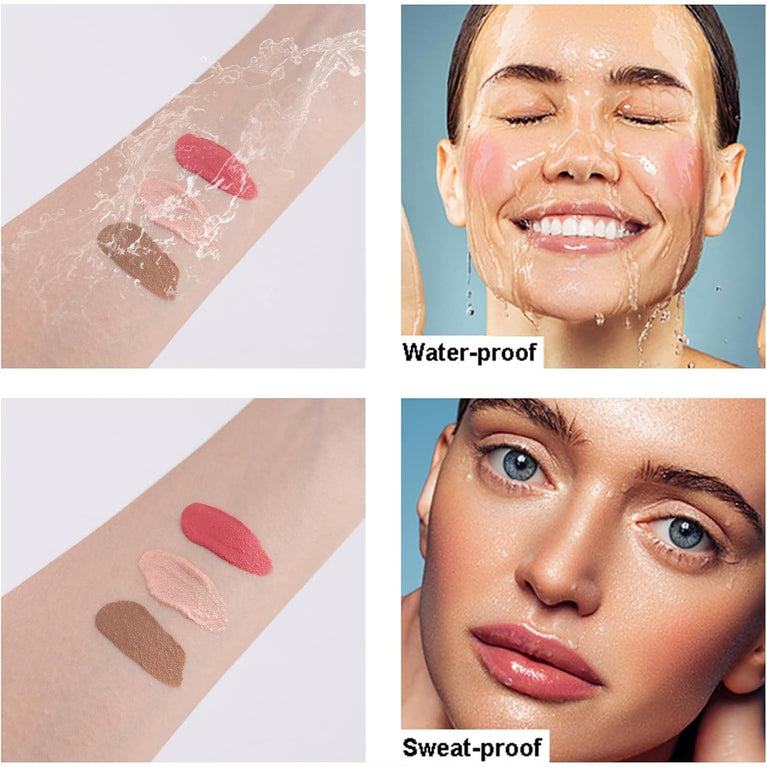 Glow-On-The-Go Makeup Kit: 3D Effect Liquid Highlighter, Contour and Blush + Blending Brush