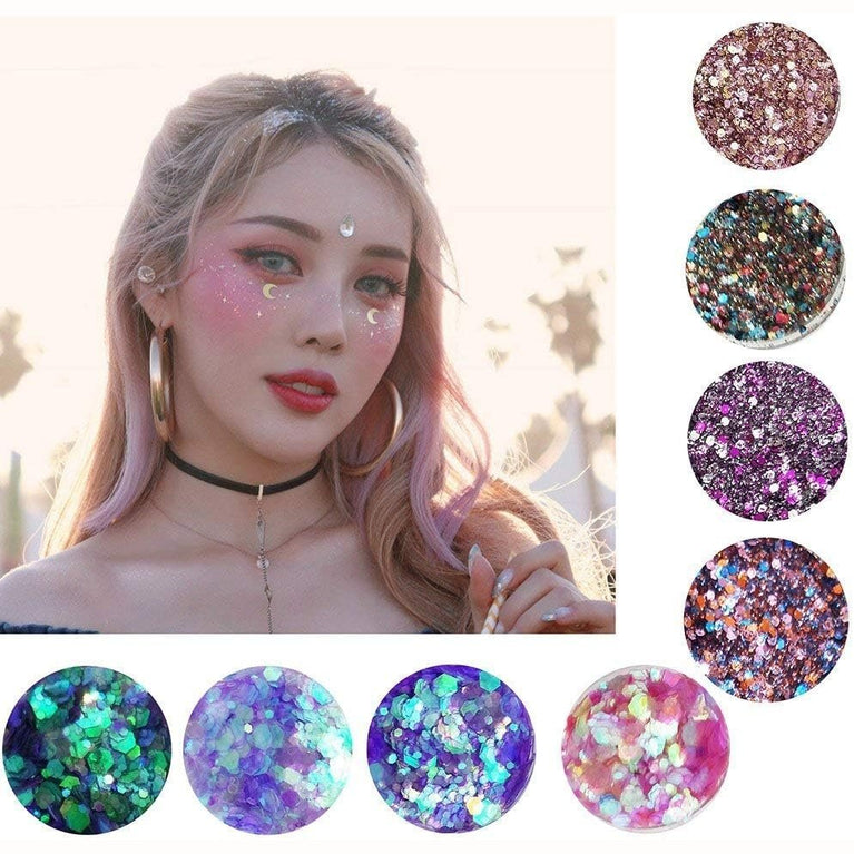 Yitla Sparkle Extravaganza: 8-Color Cosmetic Glitter Set with Fix Gel & Brush for Body, Hair, and Cheek Enhancement - Ideal for Parties and Festivals