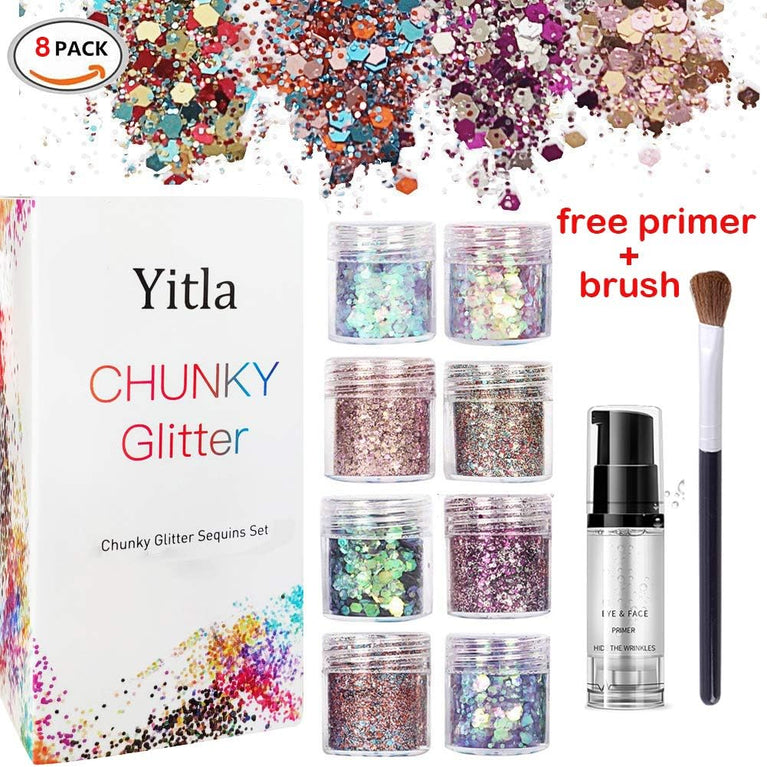 Yitla Sparkle Extravaganza: 8-Color Cosmetic Glitter Set with Fix Gel & Brush for Body, Hair, and Cheek Enhancement - Ideal for Parties and Festivals