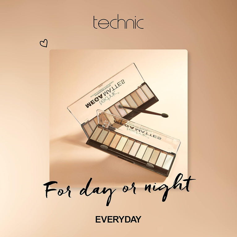 Technic Mega Mattes 12-Shade Nude Eyeshadow Palette - Long-Lasting Matte Pigments for Professional Day-to-Night Looks, 18g