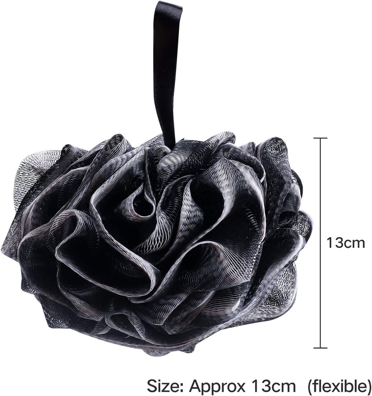 Umitive Charcoal Infused Shower Sponge Bath Poufs, 4-Piece Set of Black Mesh Loofah Body Exfoliating Brushes for Gentle and Effective Skin Cleansing