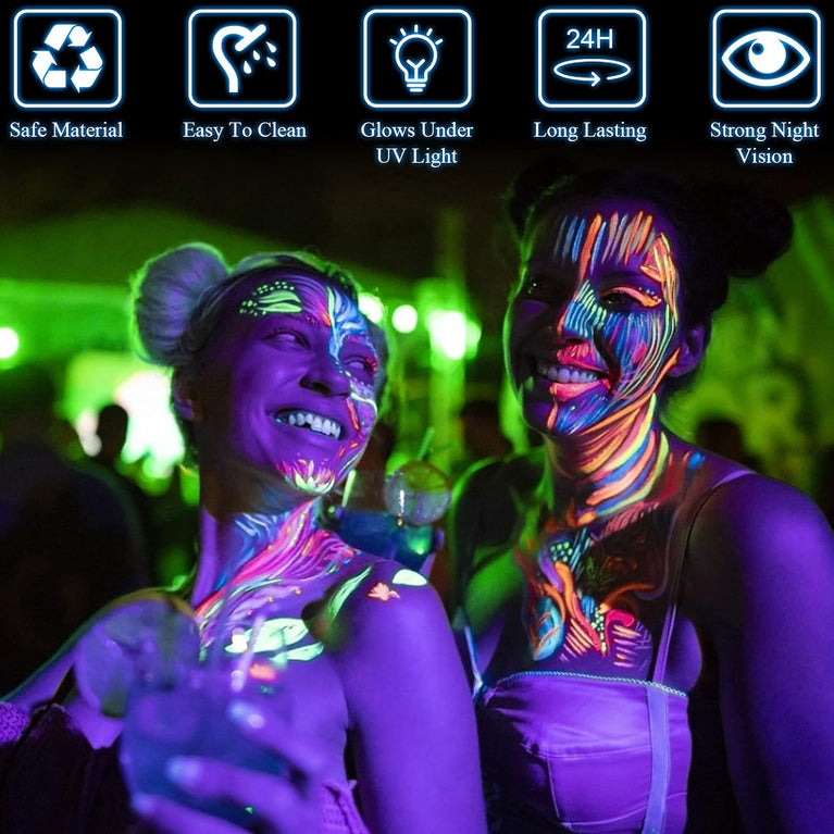 Neon UV Blacklight Reactive Body and Face Paint Set with Brushes and Palette - Non-Toxic and Easy to Clean - 8 Brilliant Fluorescent Colors (10ml each)