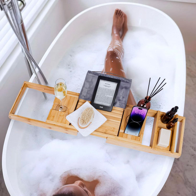 Extendable Bamboo Bath Caddy Tray for Bathtub with Phone and Tablet Slots, Candle Holder, and Soap Organizer