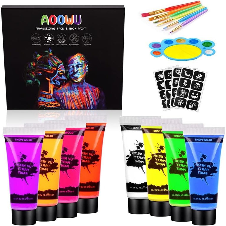 AOOWU 8-Color UV Reactive Face and Body Neon Paint Set with Palette and Brushes, Safe and Easy-to-Clean Glow-in-the-Dark Makeup Kit for Parties, Festivals and Halloween Events