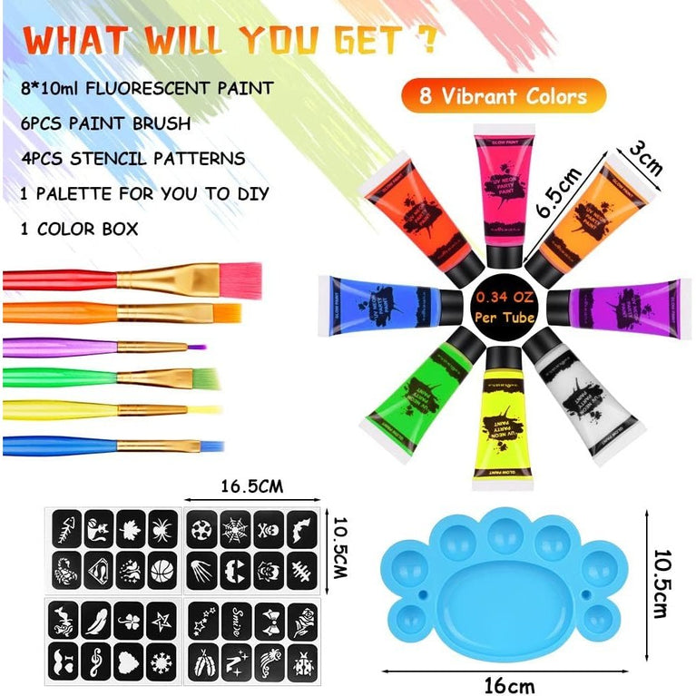 AOOWU 8-Color UV Reactive Face and Body Neon Paint Set with Palette and Brushes, Safe and Easy-to-Clean Glow-in-the-Dark Makeup Kit for Parties, Festivals and Halloween Events