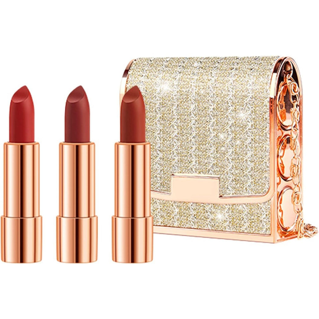 Long-Lasting Velvet Matte Lipstick Trio with Silver Chain Bag Packaging - Waterproof, Non-Stick and Retractable - 3 Popular Shades, 3.5g Each